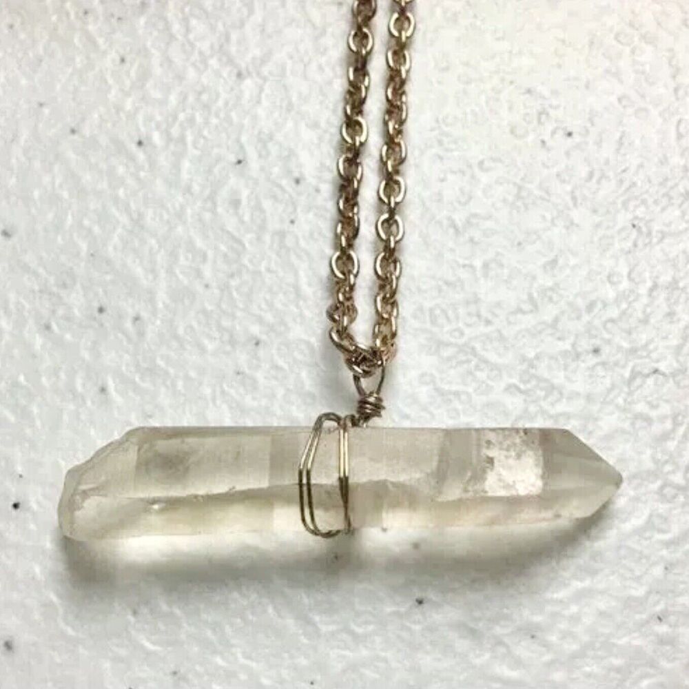 Gold Tone Chain Necklace Handmade Wire Wrapped Clear Quartz Crystal Pendant